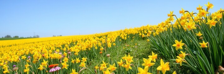 Fototapeta premium Vibrant daffodil flowers blooming in a lush field under the sun, rural, botanical