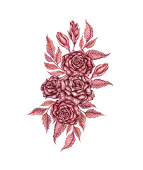 Rose with leaves and buds, burgundy gothic watercolor illustration. Halloween or Day of the Dead botanical decoration isolated from background. Composition, bouquet for decoration and design.