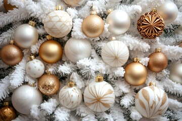 Obraz premium Christmas ornaments decorating snowy white christmas tree branches