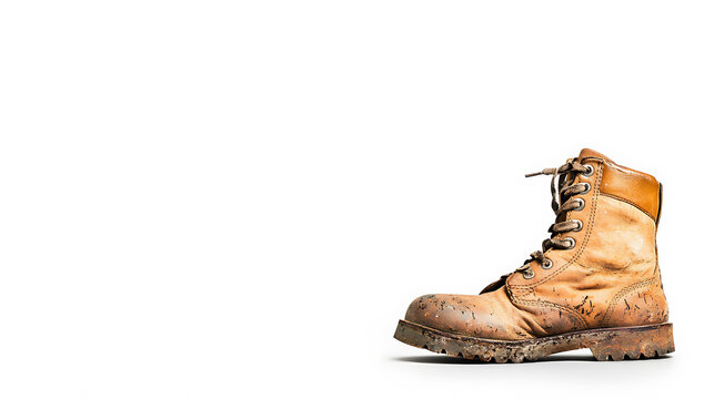 worn combat boot with scratched sole, showcasing rugged texture and dirt