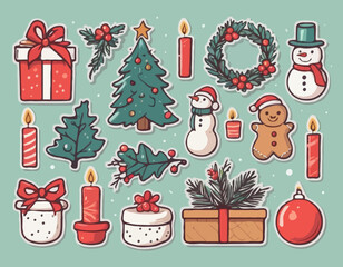 Merry Christmas vintage cute stickers. Hand drawn of traditional winter decorations and icons. Christmas tree, gift boxes, wreath, bell, holly, candles, gingerbread. Vector flat illustration.