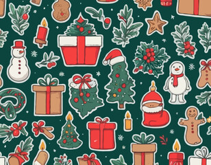 Merry Christmas vintage cute stickers. Hand drawn of traditional winter decorations and icons. Christmas tree, gift boxes, wreath, bell, holly, candles, gingerbread. Vector flat illustration.