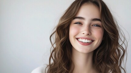 Naklejka premium Young Beautiful Woman Smiling in Close-Up Shot on Light Background