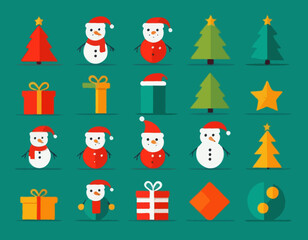Set of Christmas minimalist geometric elements. Xmas abstract simple icons in line style. Christmas tree, Santa Claus, snowman, gifts, holiday decorations. Modern vector flat illustration.
