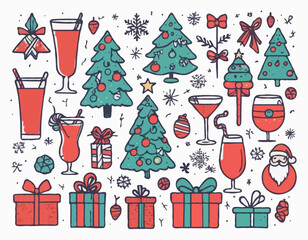 Set of hand drawn Christmas doodles. Simple holiday icons. Christmas tree, Santa Claus, gifts, bows, stars, Christmas tree toys, cocktails in glasses, snowflakes.