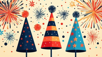 Colorful Party Hats with Fireworks Background for Celebratory Themes and Festive Occasions