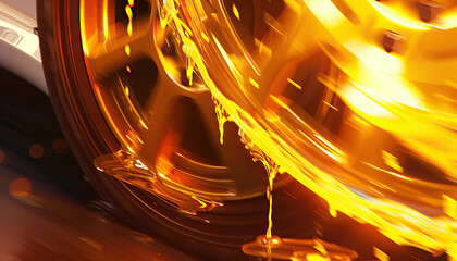 Amber Liquid Dripping from Rotating Gold Alloy Wheel