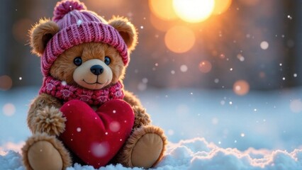 Fototapeta premium Winter st valentine's background banner - Closeup of cute teddy bear with wool hat and scarf and red heart, on snowy snowscape with bokeh lights, illuminated by the sun