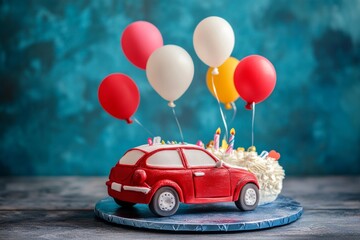 Humorous birthday cake featuring a red car surrounded by vibrant balloons in mixed media style