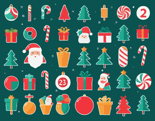 Merry Christmas advent calendar with geometric icons. Modern minimalist holiday stickers. Candy cane, Santa, Christmas tree, holly, gifts. Xmas poster, banner, card. Vector flat illustration.