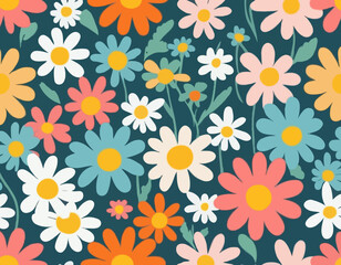 Hippy groovy daisy flowers set. Retro vintage  style, hand drawn decorative elements. 60s, 70s, icon flower, pastel colors, kids cute decor. Flat cartoon illustration.