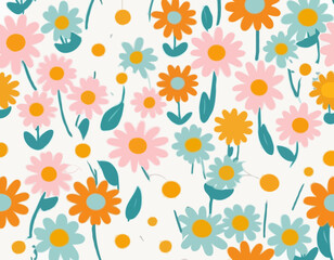Hippy groovy daisy flowers set. Retro vintage  style, hand drawn decorative elements. 60s, 70s, icon flower, pastel colors, kids cute decor. Flat cartoon illustration.