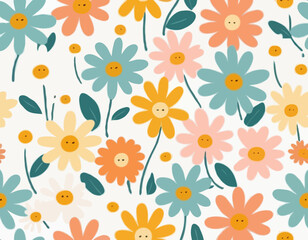 Hippy groovy daisy flowers set. Retro vintage  style, hand drawn decorative elements. 60s, 70s, icon flower, pastel colors, kids cute decor. Flat cartoon illustration.