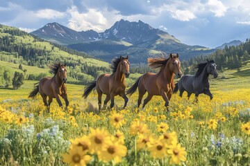 Horses running through field of yellow flowers with mountain background