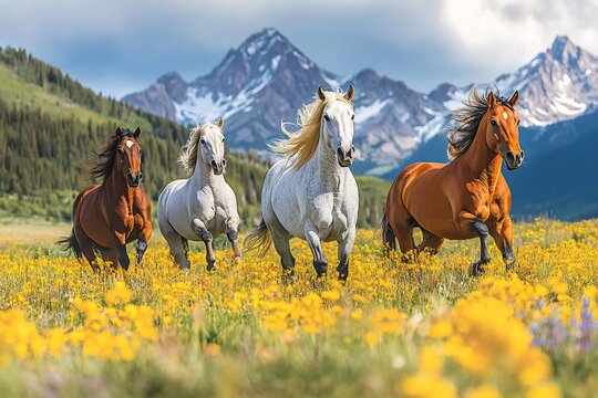 Horses running in wildflower field with mountain backdrop - Powered by Adobe