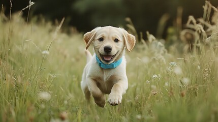 Playful puppy with bright blue collar running through the grass