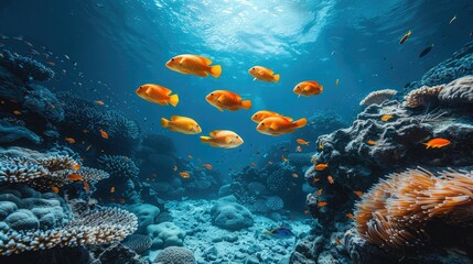 Fototapeta premium Underwater scene featuring vibrant orange fish swimming among coral reefs.