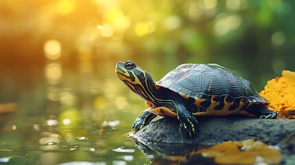 Obraz premium Turtle basking in the sunlight. Concept of peace, tranquility, and nature.