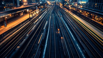Fototapeta premium Urban Train Tracks at Night. Concept of Transportation, Cityscape, and Urban Infrastructure.