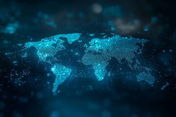 Illuminated digital map hologram over a blurred blue cityscape representing global connectivity