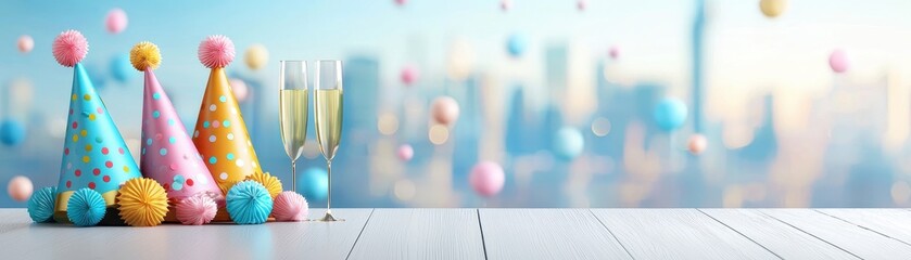 Obraz premium Colorful Party Hats and Celebratory Champagne Glasses Against a Blurred City Skyline in Bright Party Atmosphere