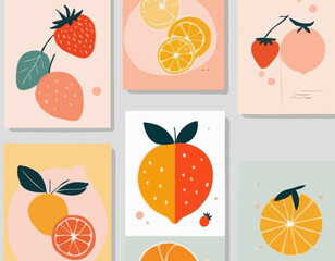 Collection of abstract fruit poster. Contemporary art print with hand drawn strawberry, lemon, peach and orange. Trendy design for wall decor, postcard, cover, packaging, t shirt.