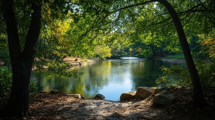Obraz premium Serene Riverbank Escape: A Picturesque Autumn Scene
