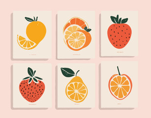 Collection of abstract fruit poster. Contemporary art print with hand drawn strawberry, lemon, peach and orange. Trendy design for wall decor, postcard, cover, packaging, t shirt.