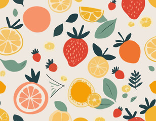 Collection of abstract fruit poster. Contemporary art print with hand drawn strawberry, lemon, peach and orange. Trendy design for wall decor, postcard, cover, packaging, t shirt.