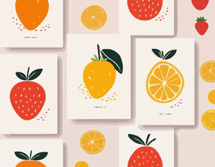 Collection of abstract fruit poster. Contemporary art print with hand drawn strawberry, lemon, peach and orange. Trendy design for wall decor, postcard, cover, packaging, t shirt.