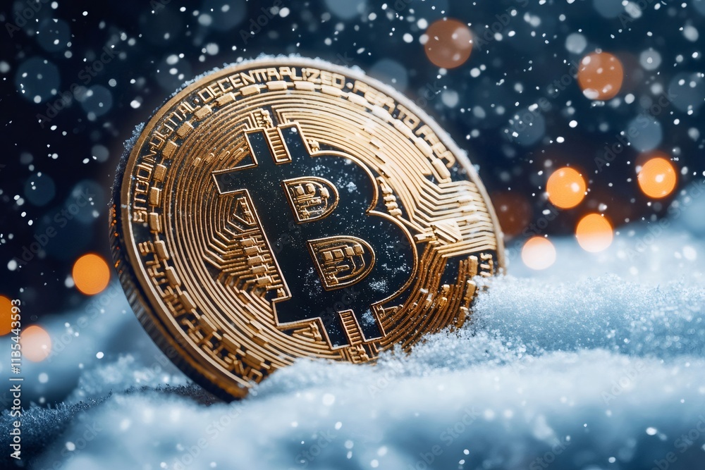 Fototapete bitcoin cryptocurrency coin resting on snow during snowfall with bokeh lights