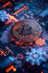 Bitcoin cryptocurrency coin rests on circuit board with falling snowflakes and christmas lights