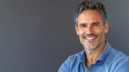 Obraz premium Handsome Smiling Businessman in Blue Shirt Against Neutral Background