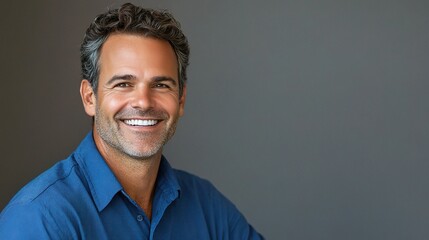 Obraz premium Handsome Smiling Businessman in Blue Shirt with Friendly Expression