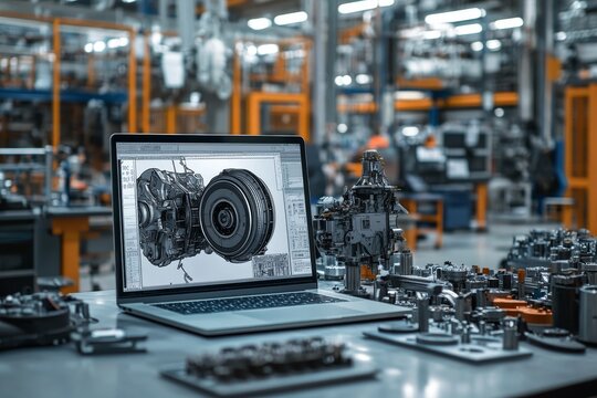Showcasing automotive engineering  laptop with engine design amidst modern factory activities