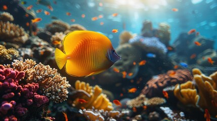 Naklejka premium Vibrant underwater scene with a yellow fish swimming among colorful coral reefs.