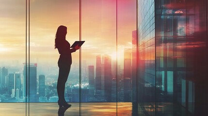 Fototapeta premium Inspired Business Woman Holding Tablet in Modern Urban Setting