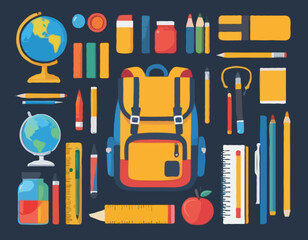 School supplies set. Backpack, book, globe, paints, ruler, pen, pencil, calculator, pencil box, brushes, glue. Vector illustration for study, school, university.