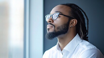Obraz premium Thoughtful Male Professional Gazing Out of Office Window
