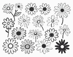 Groovy daisy flowers set. Flat black icons. Simple flower silhouette. Retro vintage style, hand drawn decorative elements.