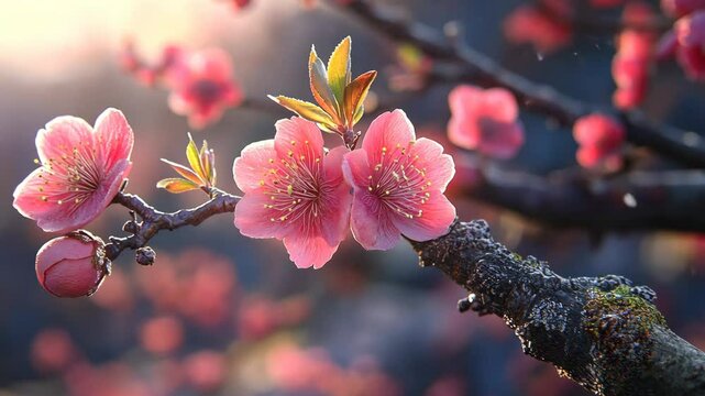 Cherry blossoms bloom on branches in a spring garden creating a vibrant and serene atmosphere during golden hour