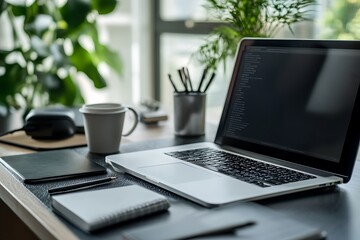 Modern workspace with laptop, coffee, and plants. Concept of productivity, work from home, and digital nomad.