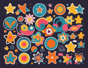 Set of abstract retro shapes. Vector sticker pack. Collection of modern forms, funny flower, bubble, star, loop in trendy 70s, 90s groovy cartoon style.