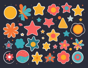 Set of abstract retro shapes. Vector sticker pack. Collection of modern forms, funny flower, bubble, star, loop in trendy 70s, 90s groovy cartoon style.