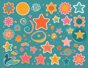 Set of abstract retro shapes. Vector sticker pack. Collection of modern forms, funny flower, bubble, star, loop in trendy 70s, 90s groovy cartoon style.