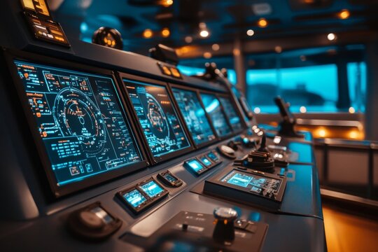 Futuristic control room with advanced displays and technology for naval engineering applications
