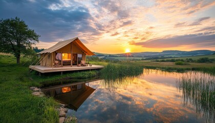 Fototapeta premium Enchanting glamping tent with panoramic views over a tranquil lake at sunset in nature s embrace