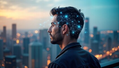 Man gazes at city skyline at dusk. Thoughtful expression reflecting on tech innovation. Digital connection suggested. Urban environment, future vision. Business pro contemplates growth potential.