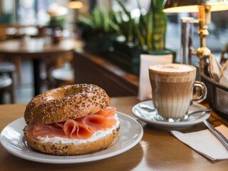 A bagel with cream cheese and ham beside a cup of coffee in a cozy caf? setting.