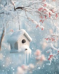 Birdhouse on a branch in winter